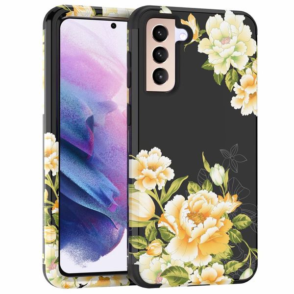 Étui de protection antichoc robuste hybride robuste à trois couches florales pour Samsung Galaxy S21 Ultra / S21 + Plus Note 20 Note 10+ Plus