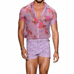 Floral Transparent Dentelle Sheer Chemise Hommes 2024 Sexy Voir à travers Mens Dr Chemises Casual Manches courtes Party Beach Holiday Chemise I4ot #