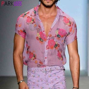 Floral Transparent Lace SHIRT Mannen Sexy See Through Mens Dress Shirts Casual Korte Mouw Party Beach Holiday Chemise 210522