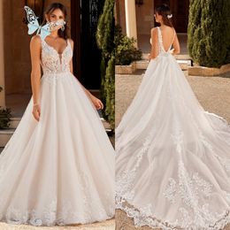 Floral Wedding Backless-jurken Exquise A-Line V Nek Bruidsapplique Tule Brides Jurken voor vrouwen plus maat