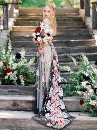 Vestido de novia floral Una línea de flores coloridas bordadas Sin mangas Cuello en V Espalda abierta Vestidos de novia bohemios