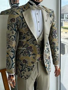 Bloemen Bruiloft Bruidegom Smoking voor Prom Party 3 Stuks Jacquard Mannen Pak Slim Fit Mannelijke Mode Kostuum Custom Made Jas vest Broek