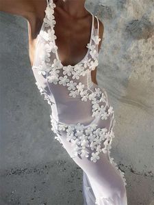 Robe Maxi moulante transparente en mousseline de soie, motif Floral blanc, pour femmes, tenue d'été en dentelle, pour soirée de mariage, Cover-up