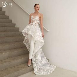 Floral White prachtige jumpsuits jurken High Low Lates Appliqued Beach Sexy Country Style Plus Size Wedding Dress Bruidsjurken