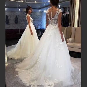 Robe en tulle blanc floral avec fleurs 3D Voir à travers des robes de mariée élégantes Appliques en dentelle Robes nuptiales Voiles de Mariage 328 es