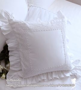 Housse de coussin en pur coton, en Satin blanc, dentelle intégrée à volants, taie d'oreiller/oreiller, 220309