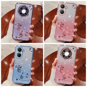 Cristal Diamant Bling Glitter Soft TPU Cas Pour Iphone 15 Pro Max 14 Plus 13 12 11 8 7 6 X XR XS Fleur Chromé Placage Métallique Gradient De Luxe Mode Couverture De Téléphone Mobile