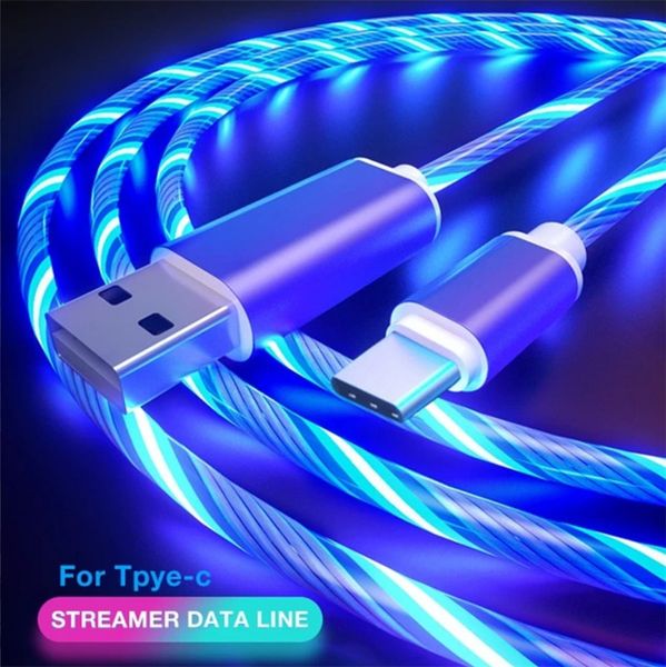 Câble USB Type C lumineux à flux 3A, cordon de données pour charge rapide, pour Samsung Xiaomi OPPO Huawei IPhone, câble Micro USB LED