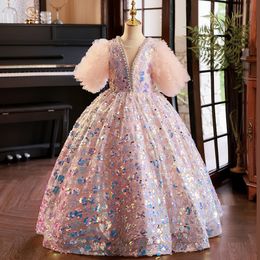 Flower 2024 Nouvelle fille mariage princesse rose pailled Long Ball Princess Girls Party Communon Robe Kids Birthday Clothing Custom Made Birthday Robe S