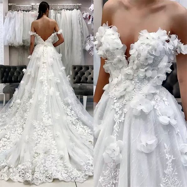 Vestidos de novia de una línea de flores Apliques de encaje floral Fuera del hombro Vestidos de novia largos sin espalda Cariño Cuello 2023 Primavera verano Romántico Boho Vestido de novia por encargo