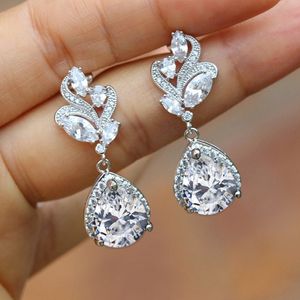 Flower aaaaa zirkon bengelen oorbel wit goud gevulde feest bruiloft drop oorbellen voor vrouwen bruids engagment belofte sieraden cadeau