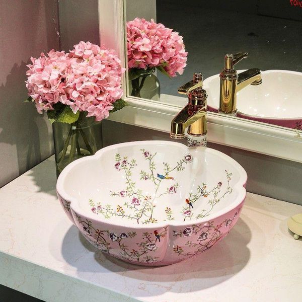 Fleur et oiseau couleur rose Salle de bains Lavabo Céramique Comptoir Lavabo Vestiaire Porcelaine Navire Lavabo lavabo sinkgood qté Tqfjt