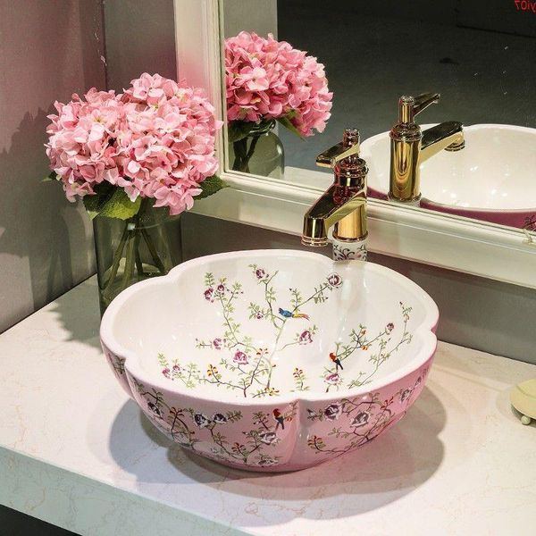 Fleur et oiseau couleur rose Salle de bains Lavabo Céramique Comptoir Lavabo Vestiaire Porcelaine Navire Lavabo lavabo sinkgood qté Lgehq