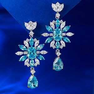 Bloem Aquamarijn Diamond Dangle Earring 100% Echt 925 Sterling Zilveren Bruiloft Oorbellen voor Vrouwen Bruids Verlovingssieraden