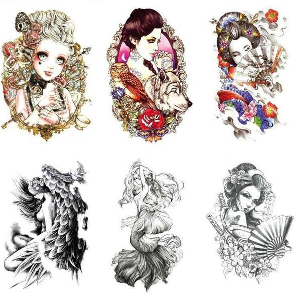 Autocollant de tatouage imperméable à bras de fleur geisha sirène ange belle figure moitié