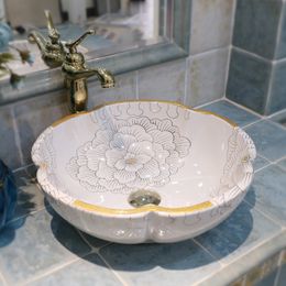 Fleur Art Porcelaine Chinois Europe Style Vintage Art lavabo En Céramique Comptoir Lavabo Salle De Bains Lavabos évier de salle de bains