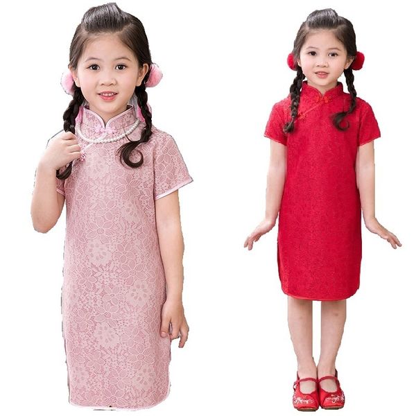 Flower Baby Girls Dress Tribute Silk Kid Hollow Tradicional Qipao Niños Cheongsam Girl Vestidos Ropa Vestidos Rojo Rosa 210413