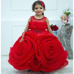 Bloembal kanten rode jurken jurk organza lagen vintage kleine meisje kerstpeaatant verjaardag doop tutu jurk jurken zj423 s