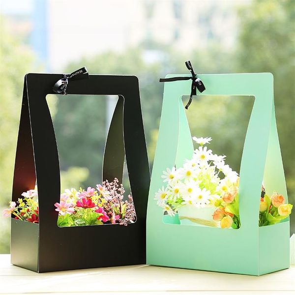 Panier de fleurs en papier Carton 5 pièces, boîte d'emballage de fleurs Portable, sac de transport de fleurs fraîches pour fleuriste étanche en vert noir rose 3109