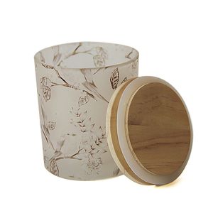 Flower Bird Painting Tealight Votive Holder 10oz Vaso di candela smerigliato con coperchio in legno Contenitore di vetro vuoto per la produzione di candele profumate