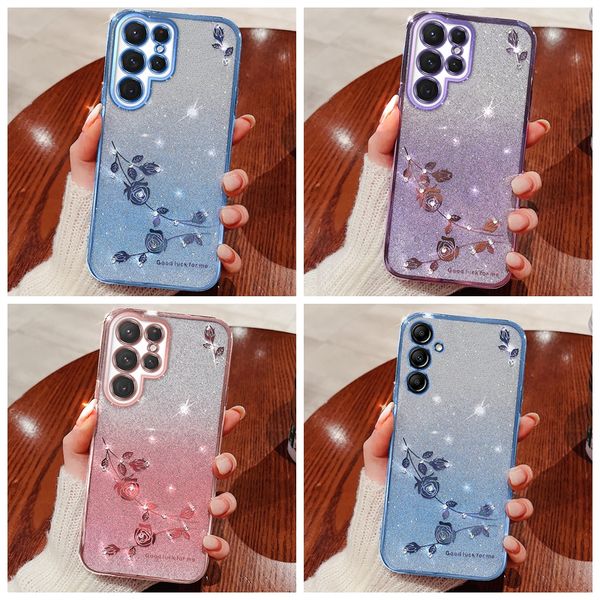 Flower Bling Glitter Diamond Cases para Samsung S24 Ultra Plus A55 A35 A25 A15 A05S A05 Xiaomi 14 Pro Redmi 13C Sparkle Soft TPU Metálico Cubierta de gradiente cromado