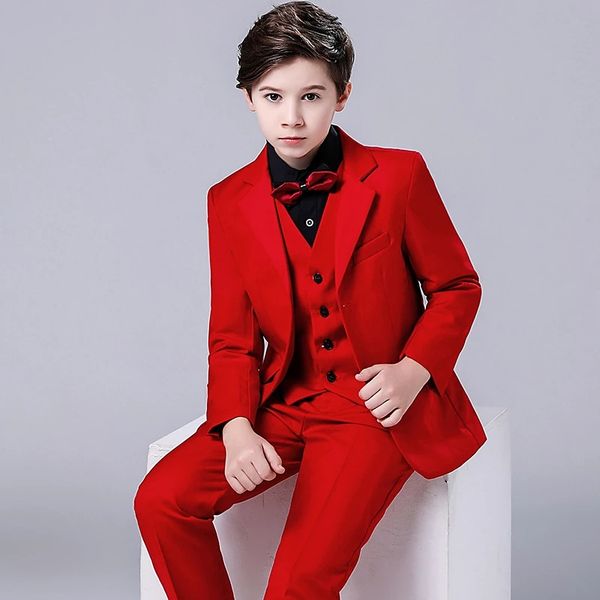 Traje de boda rojo de flores para niños, conjunto de fotografía de fiesta para niños, vestido Formal de esmoquin de cumpleaños para adolescentes, disfraz de espectáculo de graduación para niños