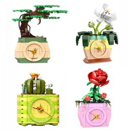 Bloem Building Blocks Girl Gift DIY Rose Cactus PotTed Ornamenten Simulatie Klok Module Monteren Bakstenen Kinderspeelgoed Q0823