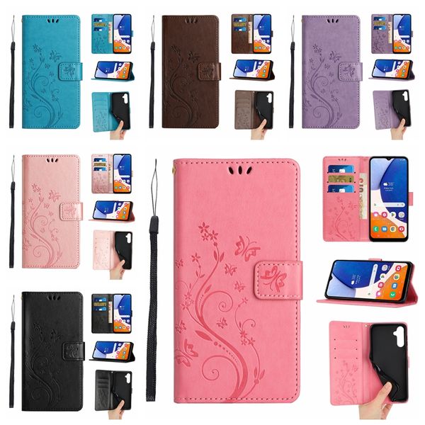 Étuis portefeuille en cuir papillon fleur pour Iphone 15 Pro MAX Plus Samsung S23 FE A25 M54 M14 5G Google Pixel 8 Floral Fashion Luxury Flip Cover Card Slot ID Holder Pouch