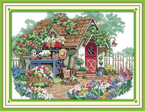 Peinture de décoration de maison de beauté de forêt de cabane de fleurs, ensembles de broderie au point de croix faits à la main, imprimés comptés sur toile DMC 14CT / 11CT