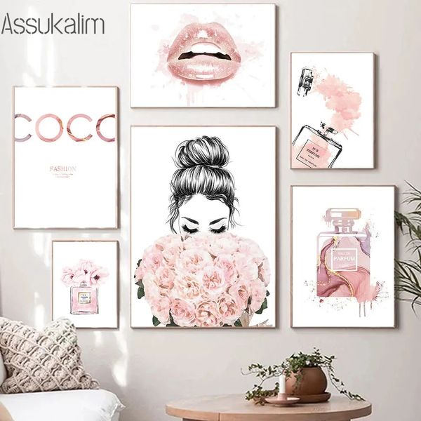 Peinture sur toile de fleurs, lèvres, imprimés d'art, bouteille de parfum, affiche de maquillage, mode imprimée, images, affiches nordiques, décor de chambre à coucher L01