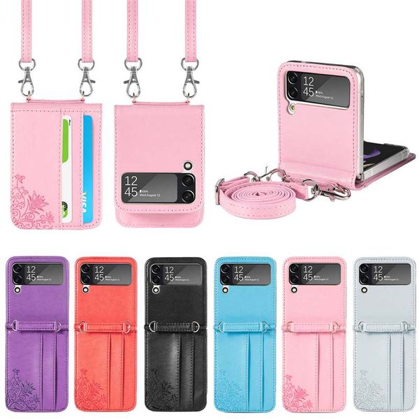 Estuches plegables de cuero con ranura para tarjeta de flores para Samsung Galaxy Z Flip 4 3 2 1 Flip4 ZFlip4 Huawei P50 ID de crédito de bolsillo Moda PC dura Funda de plástico con tapa Bolsa Correa para el hombro