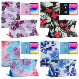 Flower Case voor iPad 10 10.9inch 2022 10Gen 10e 10.9 Fashion Silk Leather Flip Marble Beautiful Geometrie Schaal zee Ocean Print Girls Wallet Card Holder Cover Turne