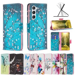 S24 Fundas Mariposa Flor Animal Cartera de cuero para Samsung S24 Plus Ultra A05 A05S A35 A55 A15 S23 FE A25 Elefante Panda Flor Unicornio Titular Cuchillo Forma Flip Cover