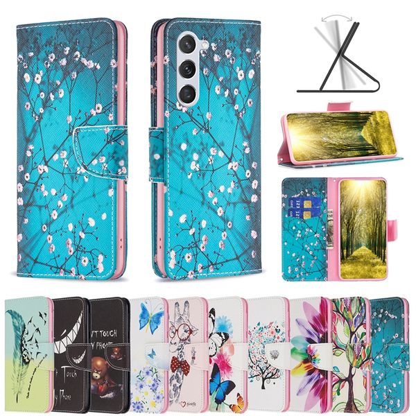 S24 Cases Portefeuille en cuir animal fleur papillon pour Samsung S24 Plus Ultra A05 A05S A35 A55 A15 S23 FE A25 éléphant Panda fleur licorne support couteau forme Flip Cover