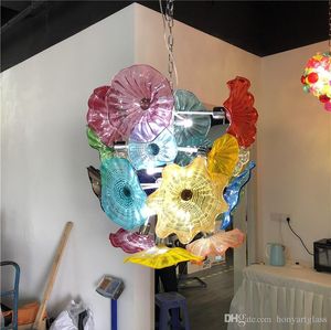 Lámpara de araña de flores, placas de cristal de Murano, lámparas colgantes, iluminación LED multicolor de araña de cristal soplado para sala de estar