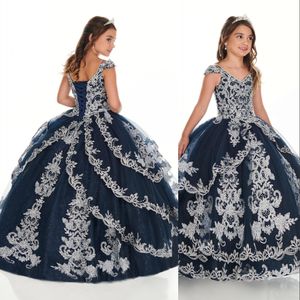 Robe de fleur en V manches à manche en dentelle Appliques Crystal perles pour enfants Sweep Train Tiered Girls Pageant Robes Robe d'anniversaire avec veste