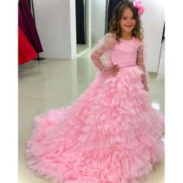 Robes de fleur balle rose robe perle en tulle