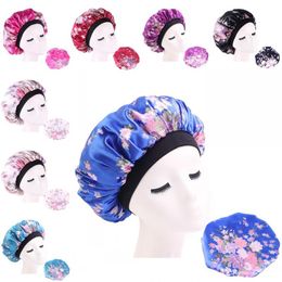 Chapeaux ajustés à élasticité florale, Bonnets de cheveux circulaires en Satin de soie, chapeau de sommeil à large bord, accessoires de salle de douche pour dames