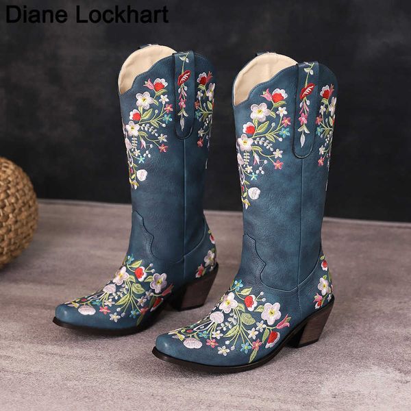 Botas de Mujer con bordado de flores, botines de vaquero de piel sintética para Mujer, Botas cortas de tacón alto con cuña, Botas vaqueras occidentales 2021 230403