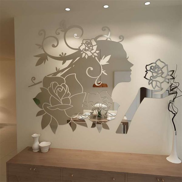 Hada de las flores acrílico espejo pegatinas de pared dormitorio 3D pegatinas de pared dormitorio sala de estar hogar DIY decoración atística de pared pegatinas 210929
