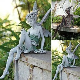 Statue de fée de fleurs, sculpture d'art assise, ailes d'ange, décoration de jardin extérieur, décoration de salon