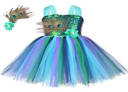 Flower Feathers Girls Peacock Tutu Dress Kids Tulle Princess Peacock Costume For Girls Pageant Halloween Birthday Party Robe 220301267709
