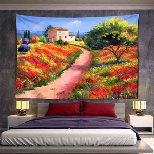 Champ de fleurs peinture à l'huile tapis mural bohème jardin décoration tapisseries décor à la maison confort Art J220804