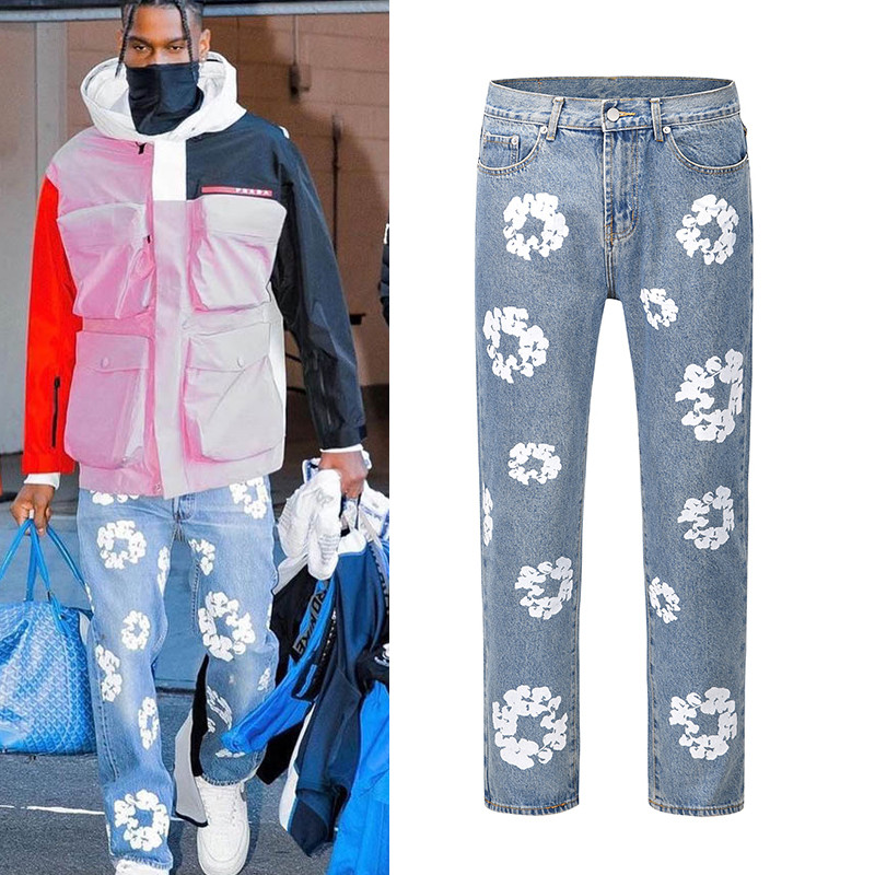 Джинсовые брюки с цветочным принтом Негабаритная уличная одежда Прямые повседневные мужские и женские джинсовые брюки