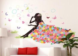 Bloemenmeisje Vlinder Thuis Decal Feeën Muurstickers Slaapkamer Bank Achtergrond Decor Meisjes Dame kamer raam DIY art8615123