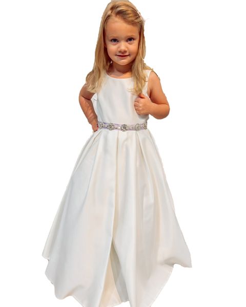 Robe de demoiselle d'honneur 2023 robe de première communion en satin blanc de style princesse pour petit enfant cristaux ceinture baptême junior demoiselle d'honneur mariage invité baptême V retour