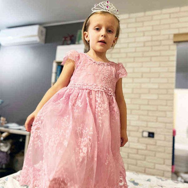 Robe de fille de fleur broderie princesse fête été automne enfants vêtements pour enfants élégant rose et blanc 3-8 ans robes de filles en dentelle G220428