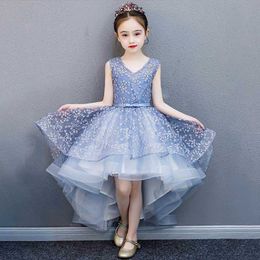 Robe de fille de fleur Soirée Dentelle High Low Party pour mariage Princesse Piano Performance 2-13Y GD006 210610