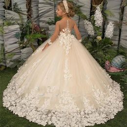 Vestido de niña de flores pegatinas de encaje para niños vestidos de boda nuevos princesas princesas de princesas de primera comunicación 240402