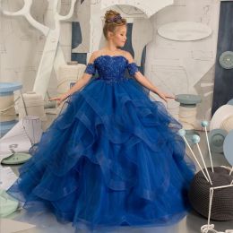 Robe à fleurs pour filles, en Tulle bleu Royal, bouffante, avec des Appliques superposées, manches courtes, pour mariage, fête d'anniversaire, Banquet, robes de princesse